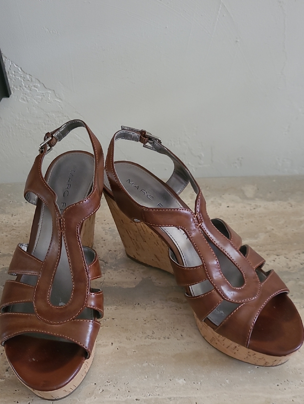 Marc Fisher Tan Leather Cork Wedge Sandals